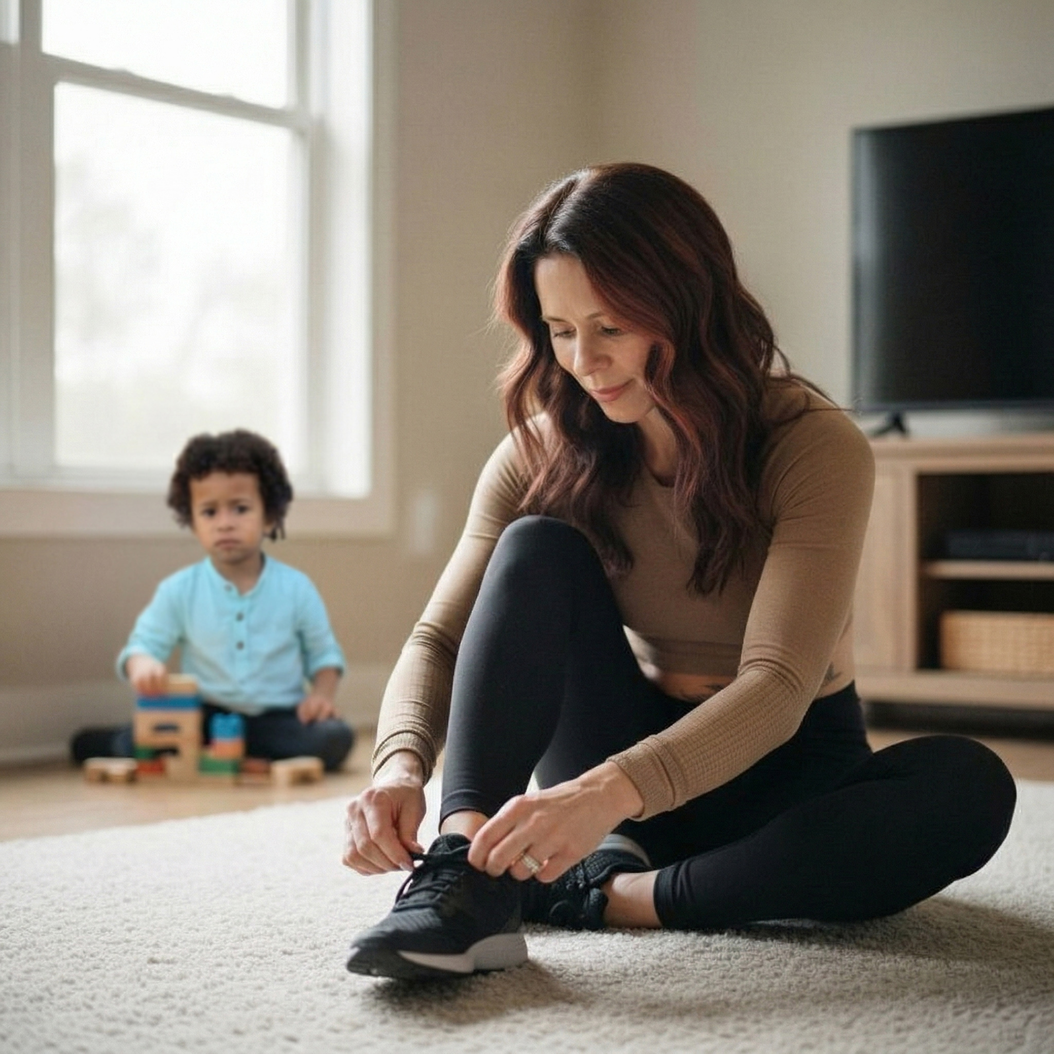 Woman at home with child, natural and relaxed