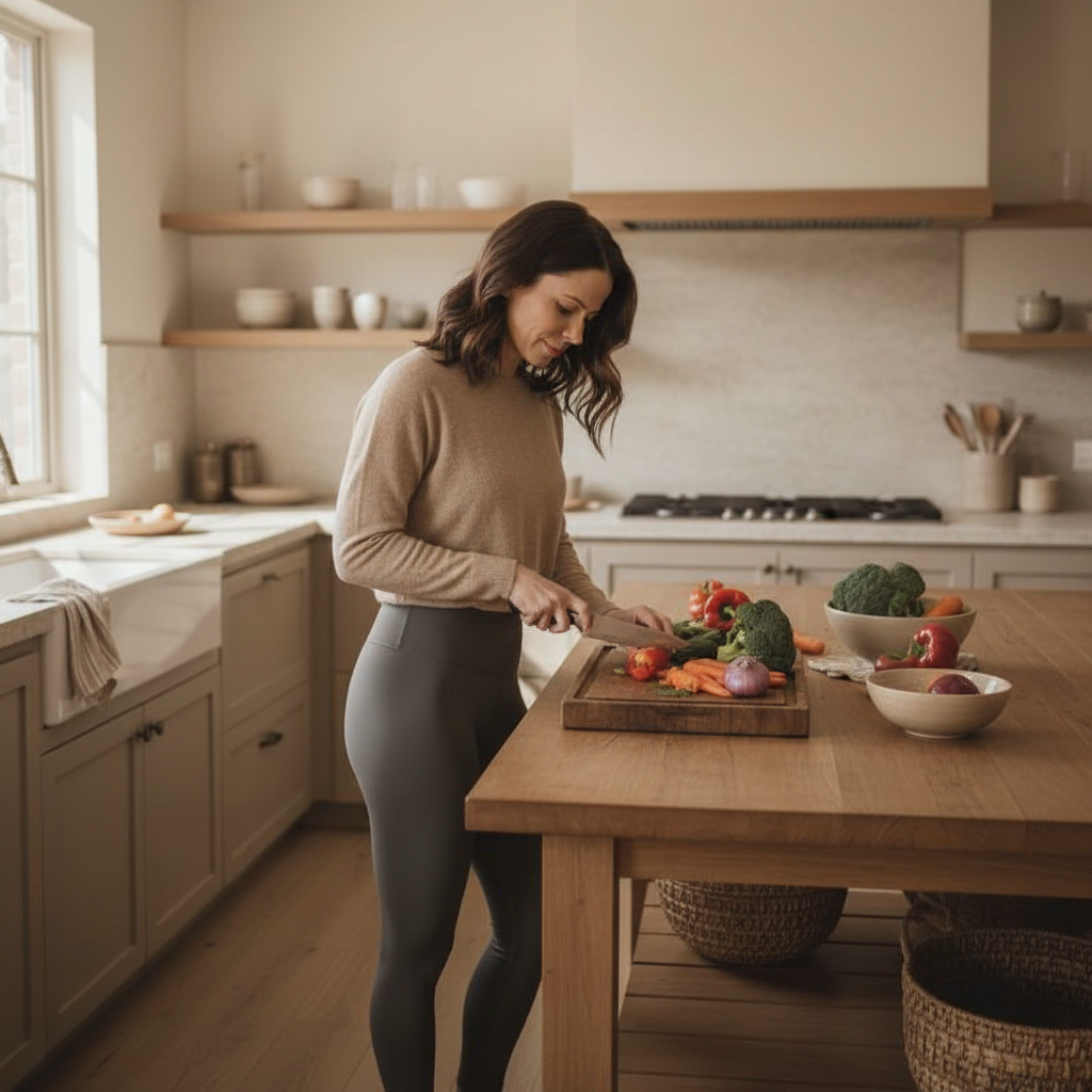 Woman preparing healthy food in a bright kitchen